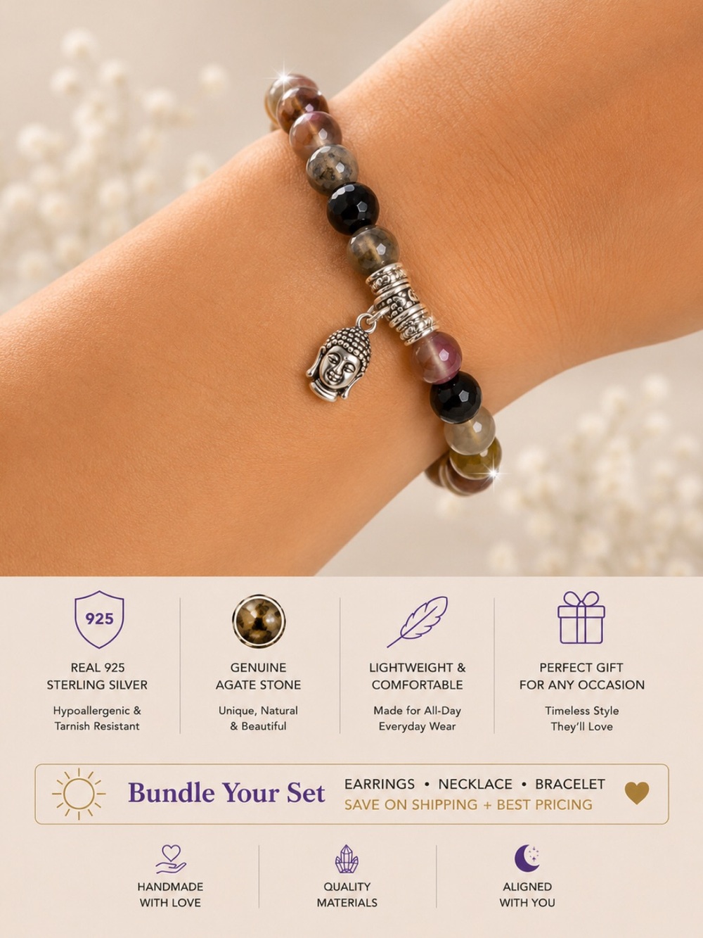 2 for $30 Agate Genuine Stone Stretch Bracelet with Buddha Charm